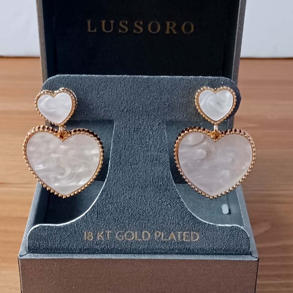 Lussoro 18k Gold Plated Milky White Double Heart Earrings